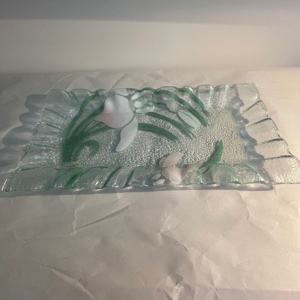 Vintage Sydenstricker  Rectangular Fused Glass Tray With Flower Design
